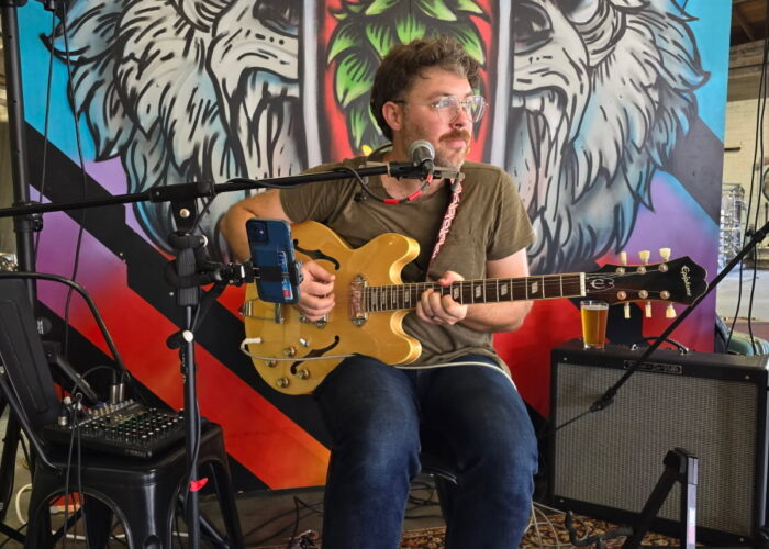 Male guitarist performing live on stage in front of a bold bear-and-hop mural, surrounded by pedals and audio gear